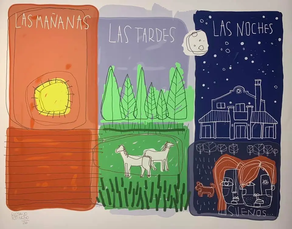 Ilustración en tres paneles: las mañanas con un sol naranja, las tardes con álamos y dos caballos blancos, las noches con estrellas y una casa.
